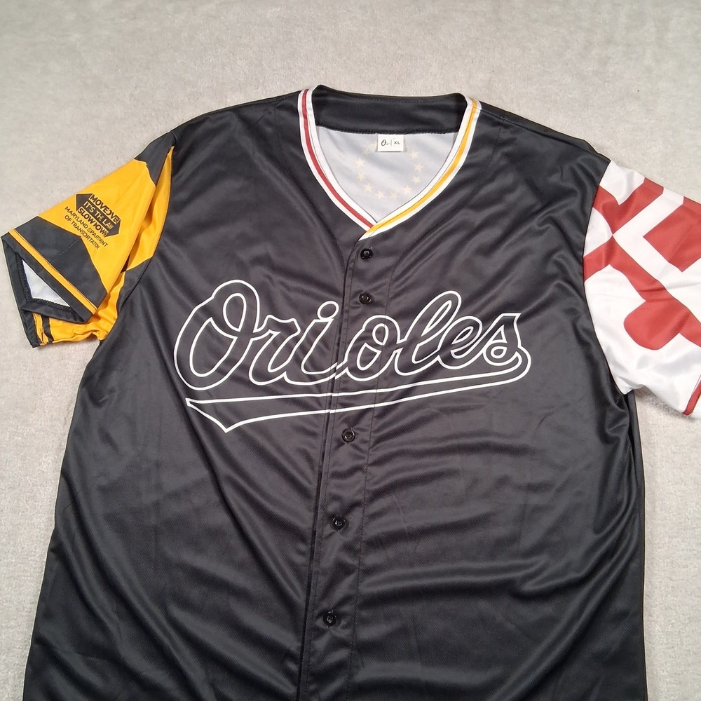 O's Baseball Jersey Mens XL Black Maryland Flag Baltimore Orioles Button Up Mesh